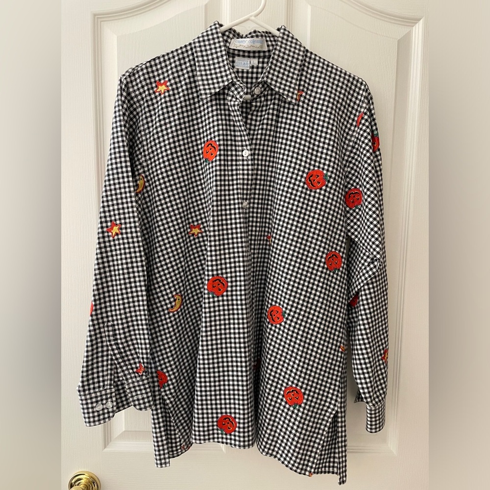 Vintage Casey Coleman Embroidered Halloween Gingham Long Sleeve Button Down